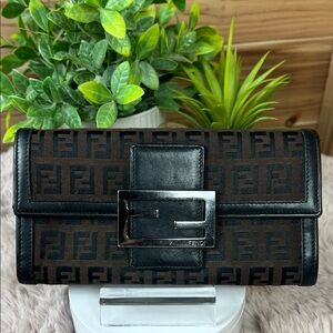 Vintage Fendi Zucchino Canvas Long Wallet Black 8M0021 COA Included - Authentic